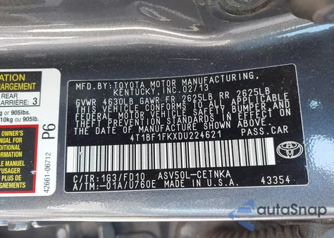 2013 Toyota Camry Le from USA, damaged, VIN 4T1BF1FKXDU224621